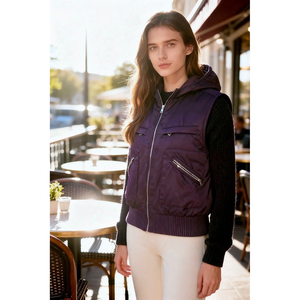 Lauren Ralph Lauren Purple Down Filled Puffer Bomber Vest Hood Zip Front Size S